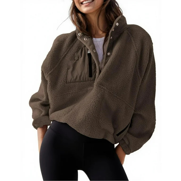 PUWEI Women's Sherpa Fleece Button Pullover Lightweight Fuzzy Cropped Sweatshirt Coat with Pocket... | Walmart (US)