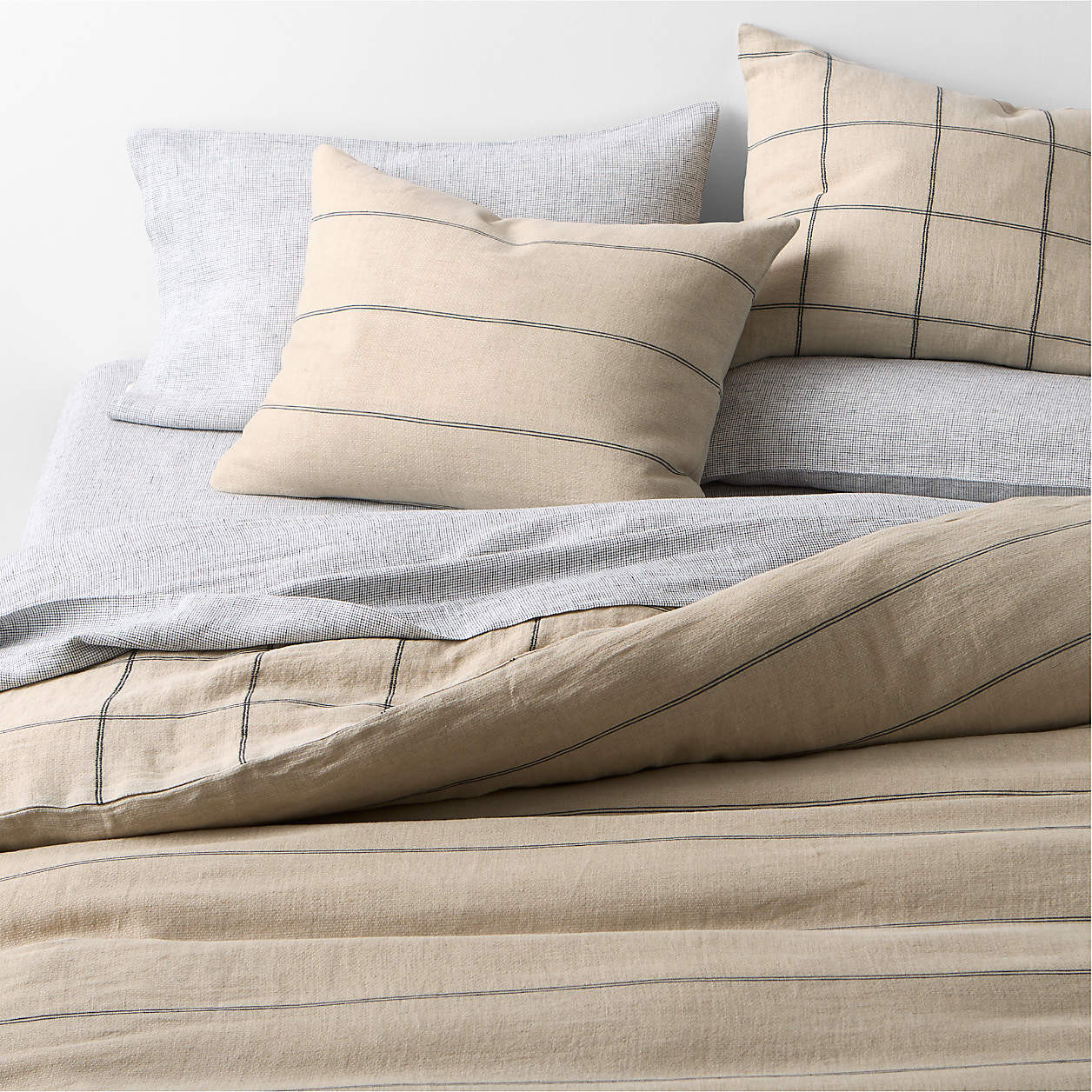 Aire Natural EUROPEAN FLAX -Certified Linen Pinstripe Arcadia Tan and Midnight Navy Blue Grid Rev... | Crate & Barrel
