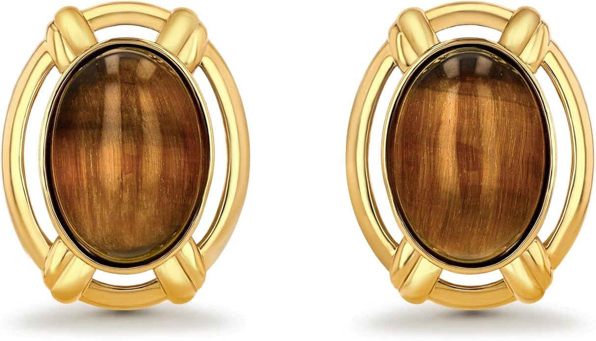 Large Oval Button Chunky Gold Tiger Eye Gemstone Statement Earrings for Women by SNGIA, Big Brown... | Amazon (US)
