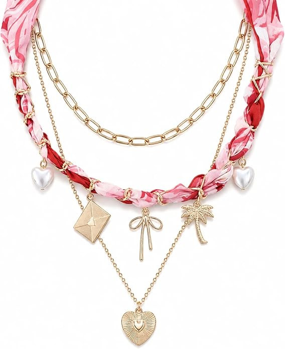 Layered Bandana Necklace for Women - 3 Pcs Western Red Scarf Necklaces with Charms Beach Scarf fo... | Amazon (US)