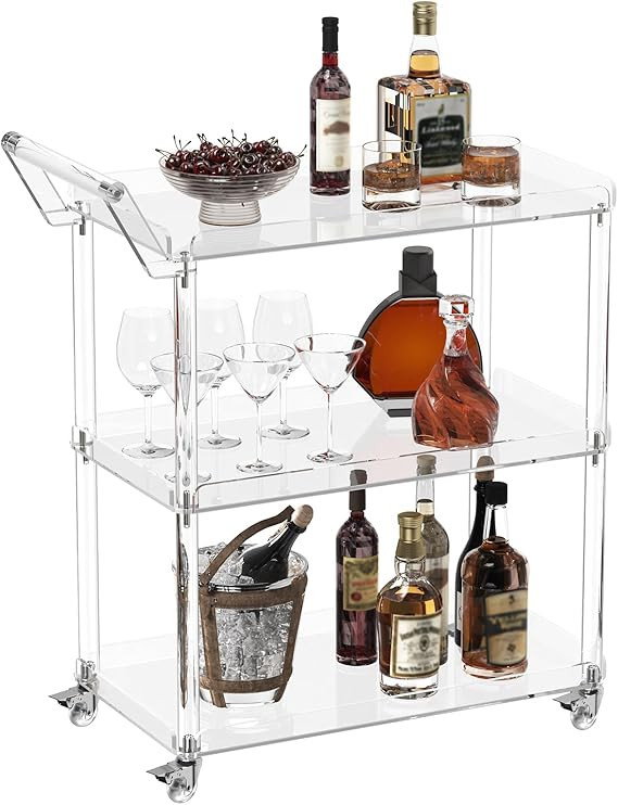 HMYHUM Acrylic Bar Cart with 4 Lockable Wheels, 30.5" L x 15.2" W x 34.5" H, Rolling Serving Cart... | Amazon (US)