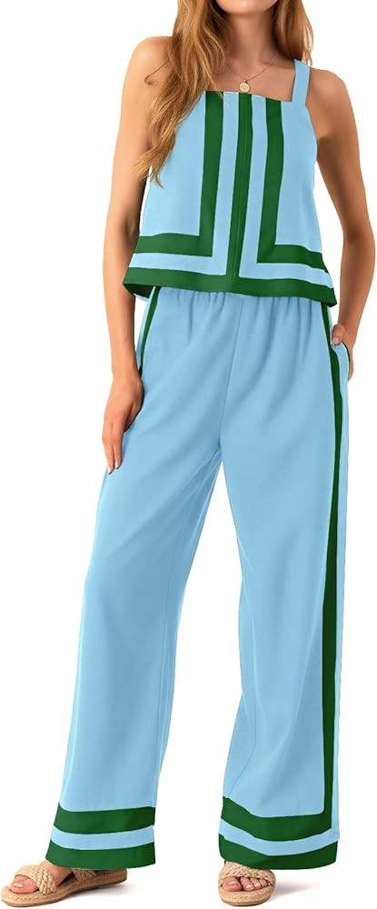 Tankaneo Womens 2 Piece Lounge Set Summer Casual Color Block Cami Top Wide Leg Pants Set Beach Va... | Amazon (US)