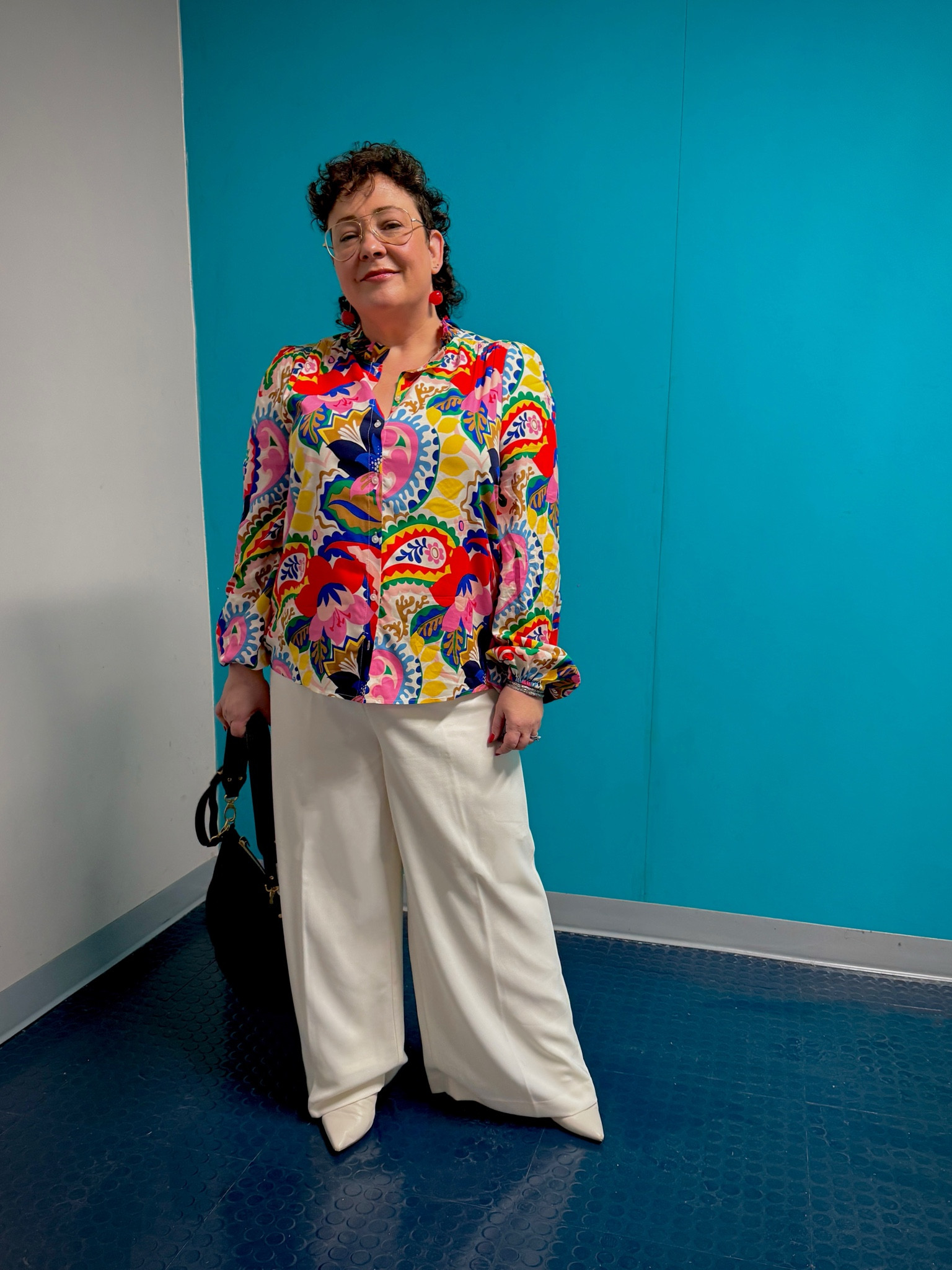 Love a statement blouse and find the best prints at Boden! And when I saw this bright aqua wall in a stairwell I had to capture it. The pants are the same ones from Ann Taylor I wore in Vegas and the boots are old but I linked to similar. Hard to see but my earrings are cherries and so fun! 

#LTKFindsUnder100 #LTKOver40 #LTKMidsize