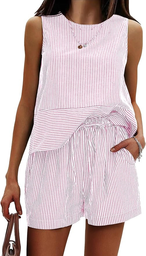 EXLURA Womens 100% Cotton Two Piece Sets Summer Outfits Casual Sleeveless Tank Top Matching Short... | Amazon (US)