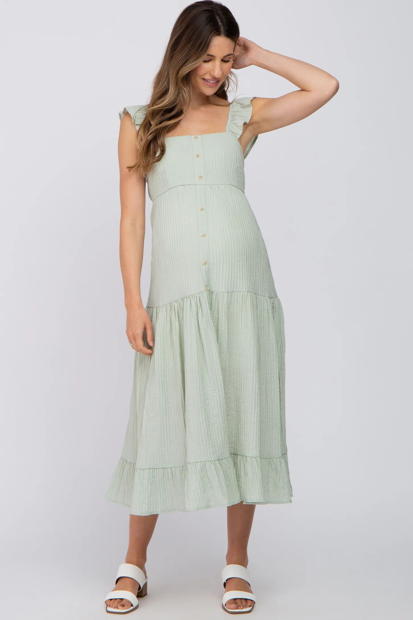 Mint Green Textured Stripe Squared Neck Tiered Maternity Midi Dress | PinkBlush Maternity