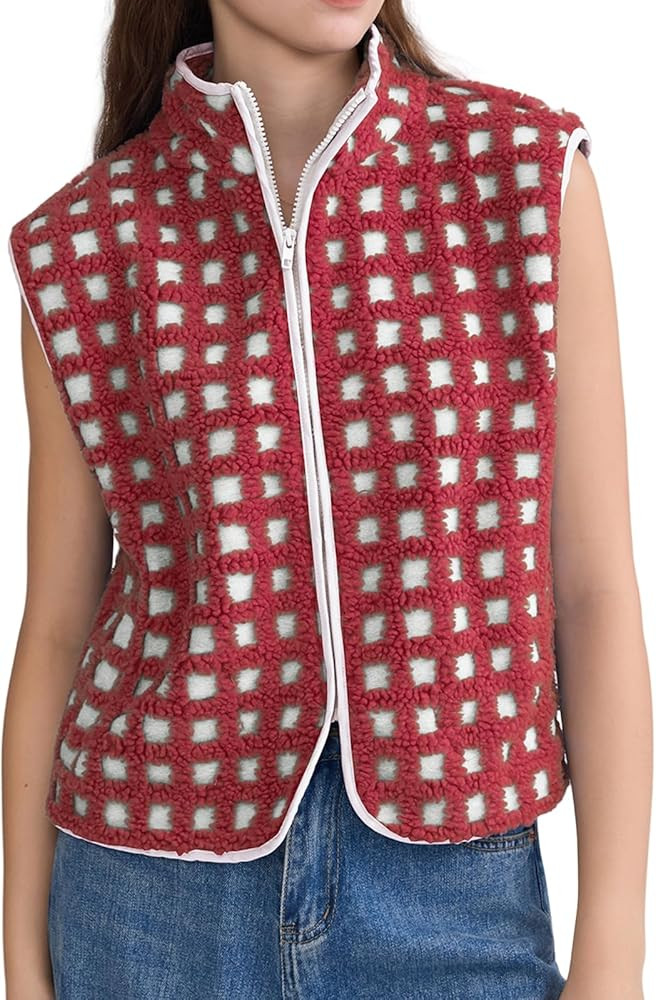 Women's Checkered Sherpa Vest Sleeveless Winter Fleece Jacket Zip Up High Neck Warm Plaid Gilet w... | Amazon (US)