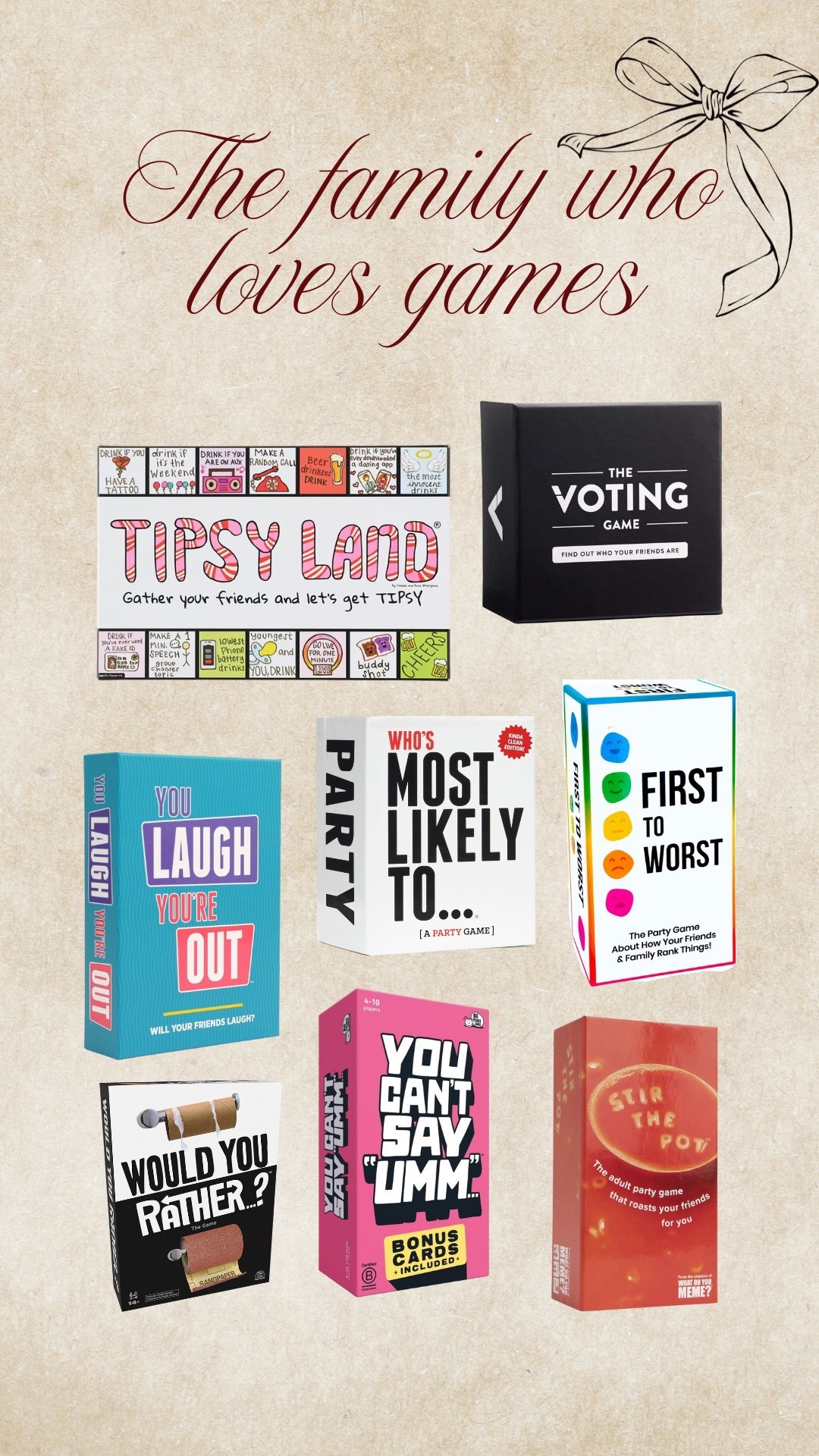 The family who LOVES games (and a little chaos) NEEDS these! 🎁✨

Perfect gifts for game nights, college kids, white elephant, hostesses, or literally anyone with a sense of humor.

#BlackFriday #GiftGuide #PartyGames #AdultGames #FamilyGameNight #WhiteElephantGift #GiftsForHim #GiftsForHer #StockingStuffers #BlackFridayDeals

#LTKCyberWeek #LTKGiftGuide #LTKHoliday