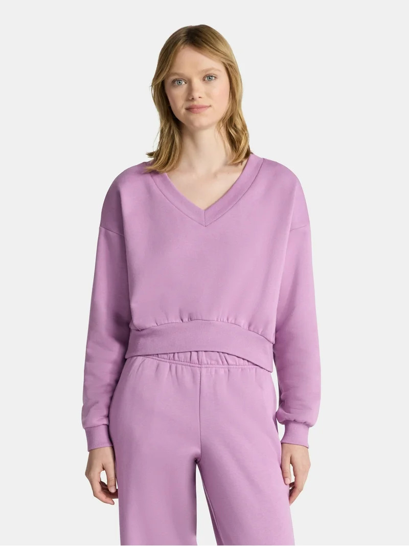 No Boundaries V-Neck Fleece Cropped Sweatshirt, Women's | Walmart (US)