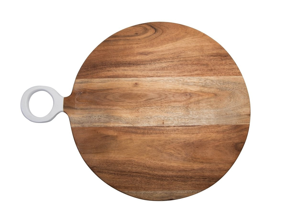 Acacia Wood Round Cutting Board with White Handle | Megan Molten