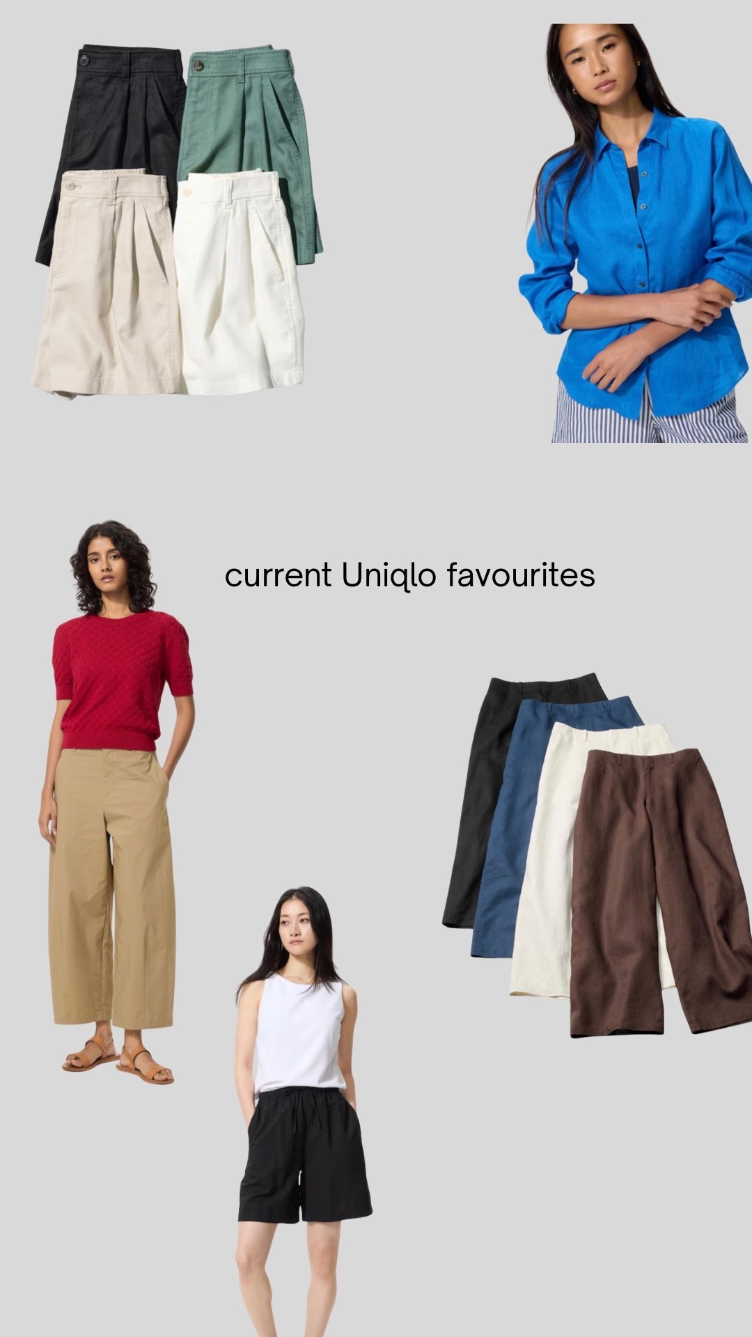 My current Uniqlo favourites. Flattering shorts, the most beautiful linen shirts, the new curve cotton trousers, the satin tee that makes dressing up simple and premium linen trousers. 

#LTKspring #LTKuk #LTKstyletip