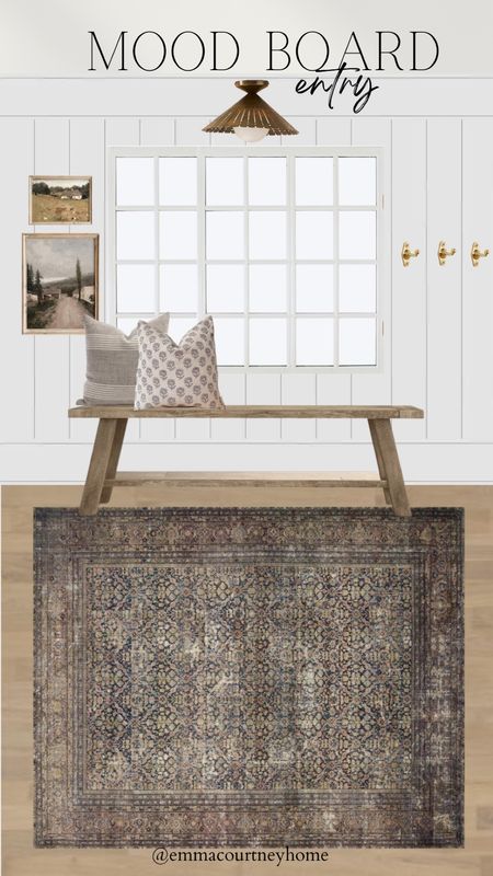Entry mood board with a beautiful Loloi rug, throw pillows from Etsy and tonic living, hooks, and shiplap walls 

#LTKsalealert #LTKhome #LTKstyletip