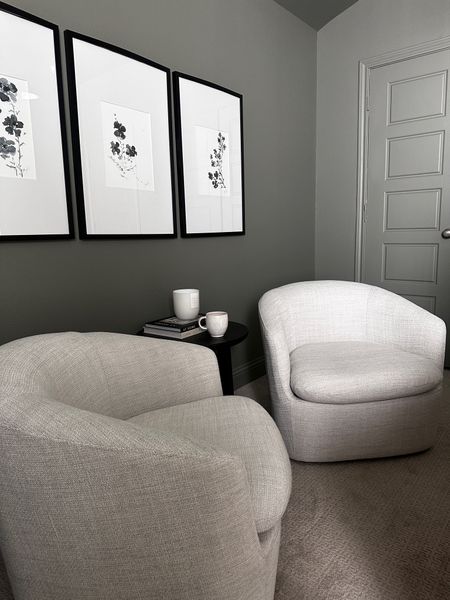 This cozy little conversation corner is in my home office! I love having a space to do our podcast, read, dream…it’s so comfortable! The chairs are the Turoy accent chairs from Article.com in the color, “Wicklow Gray” I’ll link them on IG as well! #homeoffice #homedecor #officedecor #seatingarea #loungechairs #swivelchairs #readingnook 

#LTKhome #LTKfamily #LTKstyletip