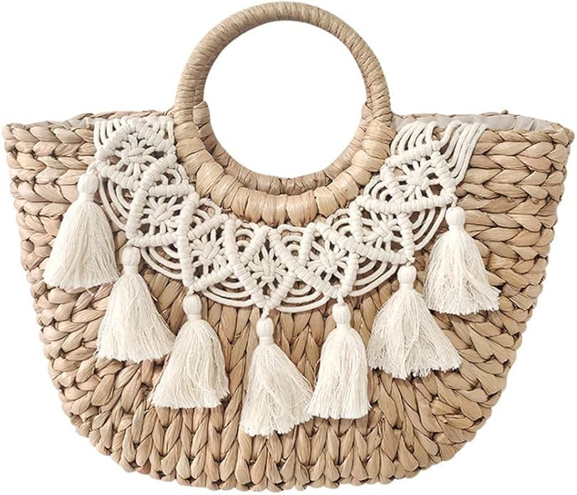 Straw Beach Tote Bag Summer Woven Handbag Purse with Lining | Amazon (US)