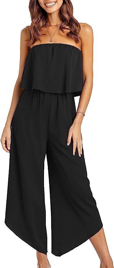 Angashion Women's Summer Casual Solid Color Strapless Tube Top Flowy Wide Leg Long Jumpsuit | Amazon (US)