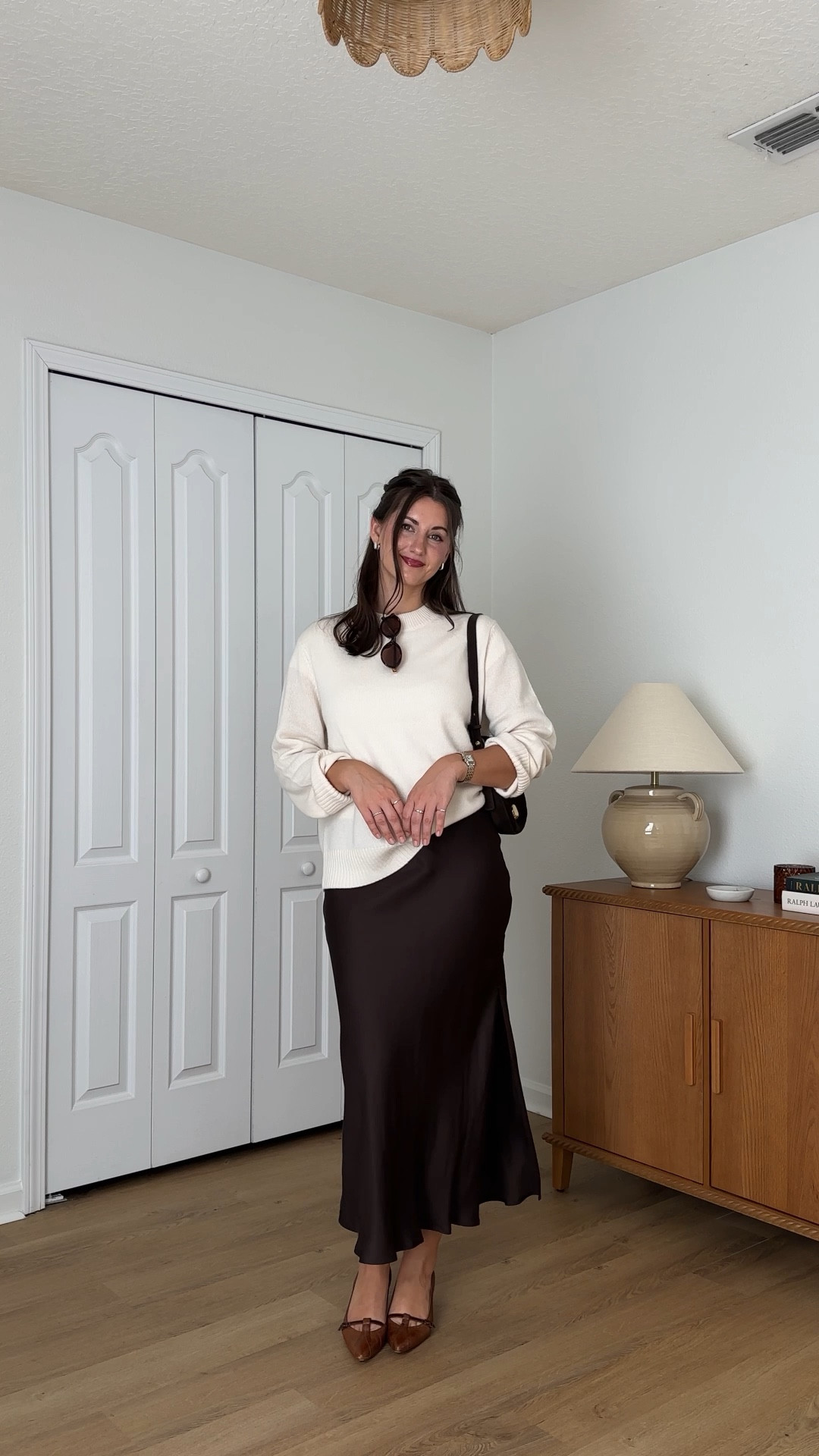 Simple but put together dinner look! Wearing small sweater, xs skirt, and shoes were thrifted (Lauren by Ralph Lauren) linked some similar styles! 

Suede bag, chocolate brown, thanksgiving outfit idea, satin skirt

#LTKStyleTip #LTKSeasonal #LTKSaleAlert