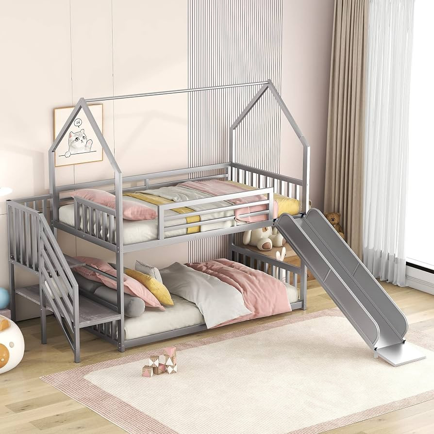 Twin Over Twin Bunk Bed with Slide and Storage Staircase, House Shaped Metal Low Bunk Bed Frame w... | Amazon (US)