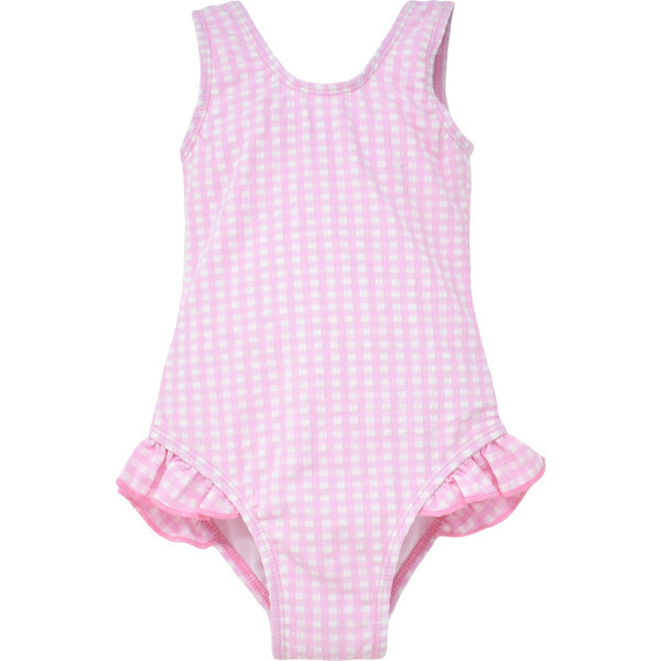 UPF 50 Delaney Hip Ruffle Swimsuit, Pink Gingham Seersucker | Maisonette