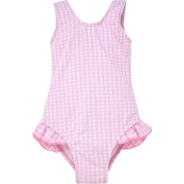 UPF 50 Delaney Hip Ruffle Swimsuit, Pink Gingham Seersucker | Maisonette