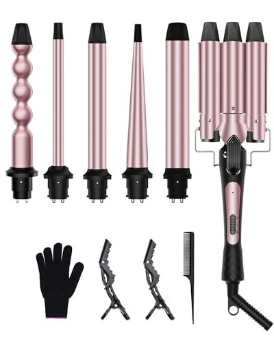 6 in 1 Curling Iron, Curling Wand Set with 3 Barrel Curling Iron and 5 Interchangeable Ceramic Curling Wand (0.35"-1.25”), Instant Heat Up 2 Temp Wand Curler, Include Heat Protective Glove & 2 Clips | Amazon (US)