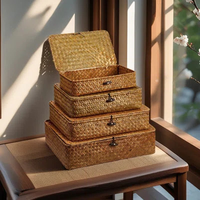Set Of 4 Seagrass Basket With Lid Decorative Storage Boxes With Lids | Wayfair North America