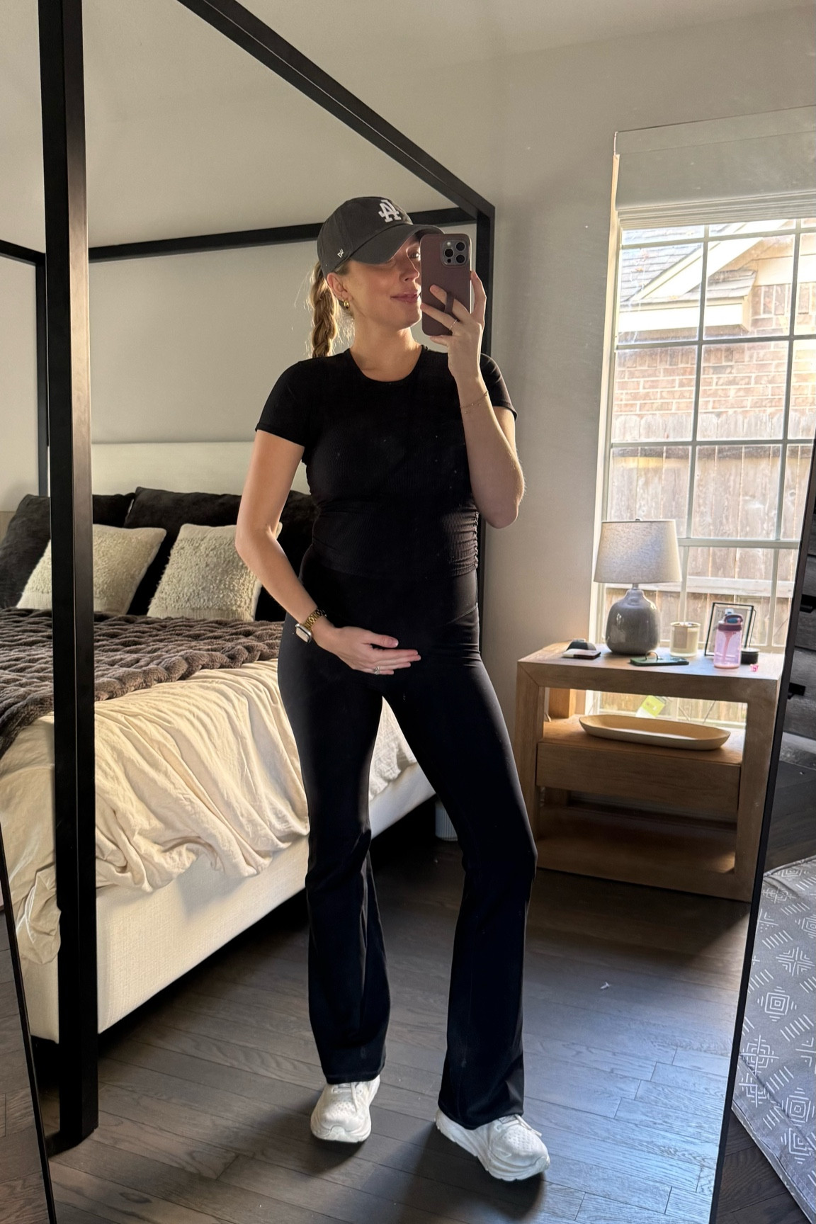 Walk outfit | wearing a M in leggings, bump friendly to an extent! Top in size 6, Hoka running/walking shoes run tts. 

#LTKTravel #LTKActive #LTKBump
