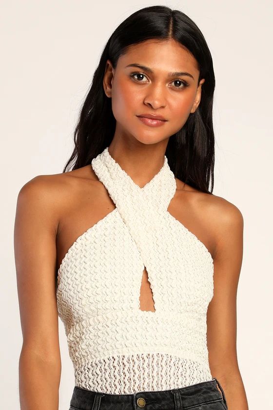 City Living Cream Knit Textured Cutout Lace-Up Halter Bodysuit | Lulus (US)