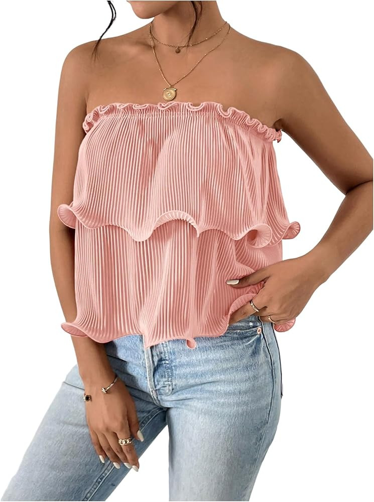 SOLY HUX Women's Summer Ruffle Tube Tops Strapless Sleeveless Frill Trim Layered Flowy Top | Amazon (US)