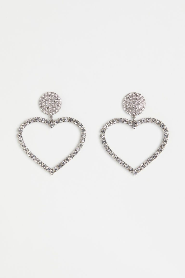 H & M - Heart-shaped Rhinestone Earrings - Silver | H&M (US + CA)