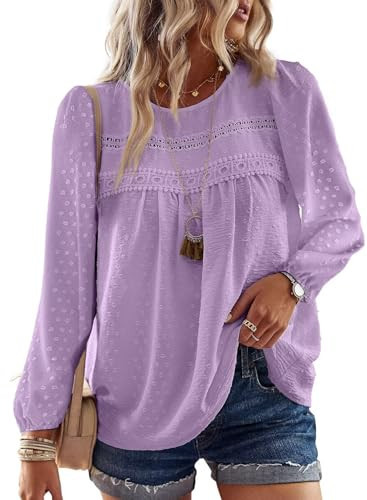Falechay Plus Size Tops for Women Swiss Dot Solid Lace Flowy Long Sleeve Blouse Boho Round Neck Girls Loose Fit 2025 Purple XXXXXXL | Amazon (US)