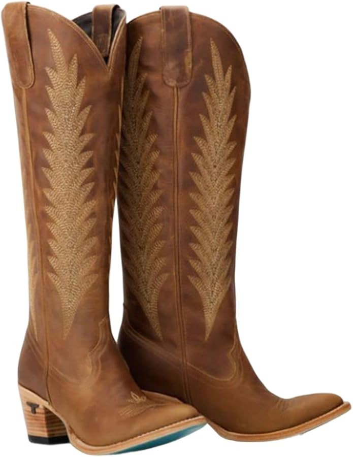 Lane Womens Jentry Knee High Embroidered Round Toe Casual Boots Knee High Mid Heel 2-3" - Brown | Amazon (US)