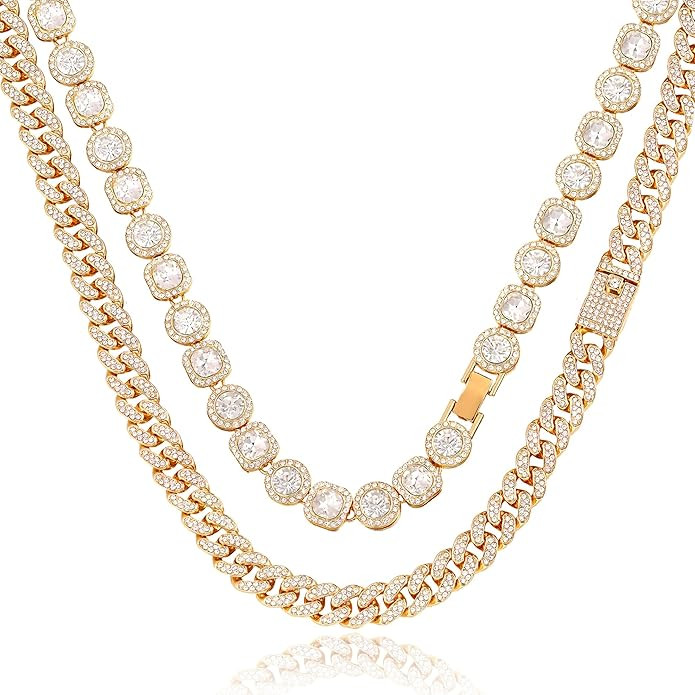 Women's 18+20'' Zinc Necklace, Clustered Diamond Tennis Chain & Heart Necklace Set, Hip Hop Jewel... | Amazon (US)