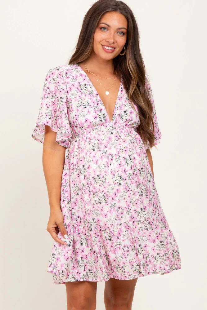 Pink Floral V-Neck Flutter Sleeve Maternity Mini Dress | PinkBlush Maternity