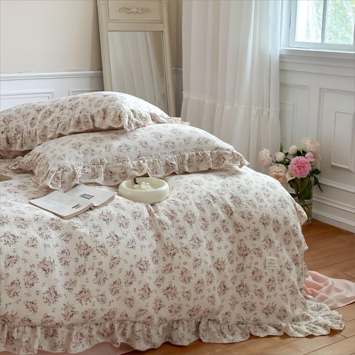 BuLuTu Muslin Duvet Cover Full for Kids Adults Elegant Pink Floral Duvet Covers with Ruffles Soft... | Amazon (US)