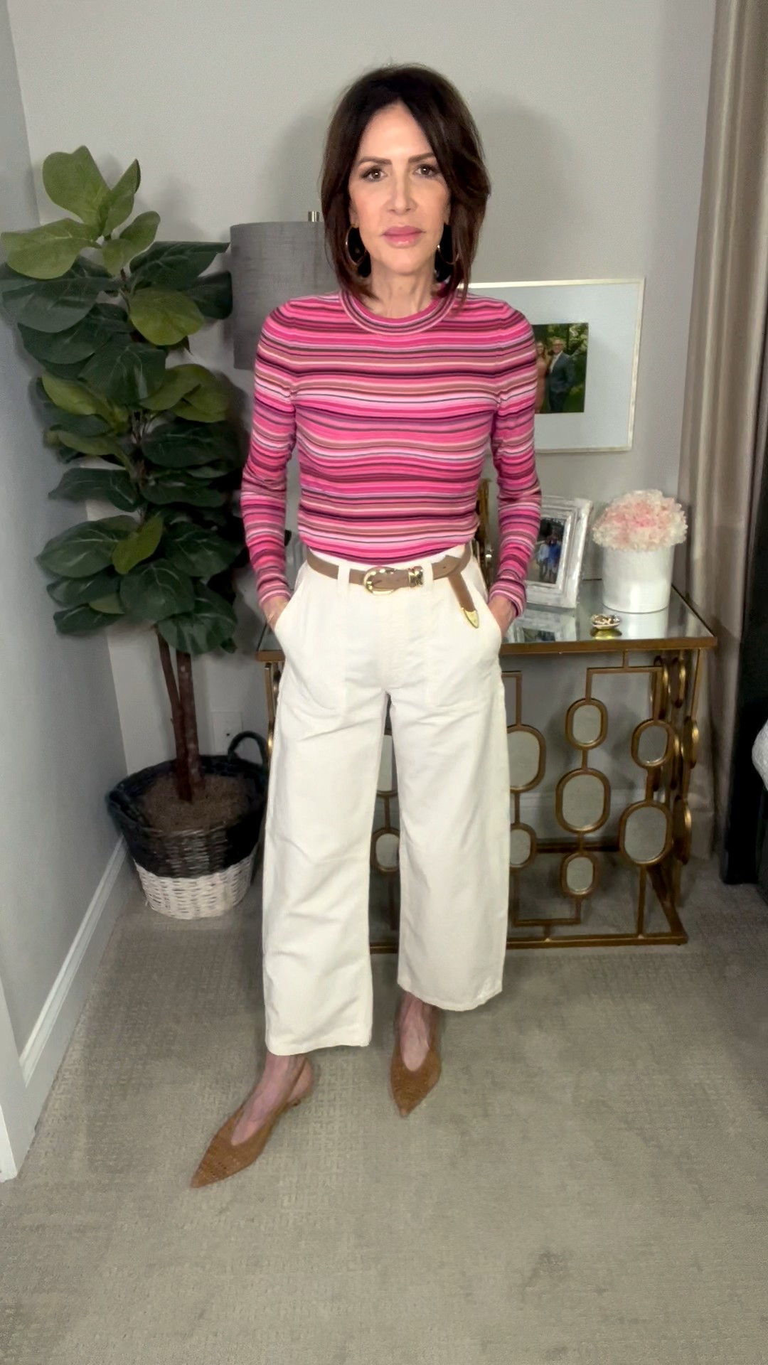 pink striped top, wide leg pants, suede belt, suede heels, over 50 outfits, spring outfit 

#LTKSeasonal #LTKgrwm #LTKOver40