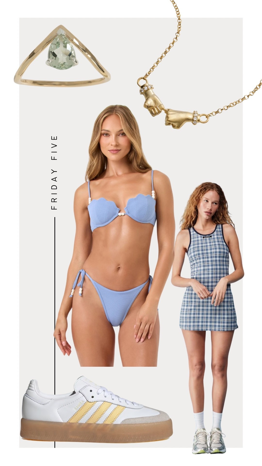 Friday Five: 4-17-26
-
Awe Inspired Pinky Promise Necklace 
Dairy Boy Court Dress (linked on ShopMy) 
LSpace Bikini 
Adidas Sambae 
James Michelle Gemstone Rings (linked on ShopMy) 


#LTKSwim #LTKActive