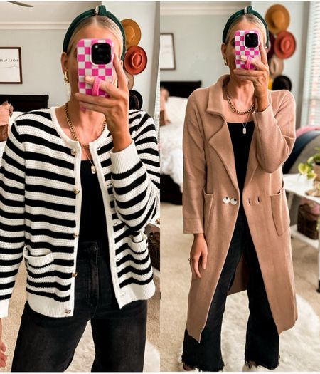 Two must have cardigans 
Black and white fits tts and wearing a small
Tan cardigan runs small if not petite, size up one size 

#LTKworkwear #LTKstyletip #LTKfindsunder50