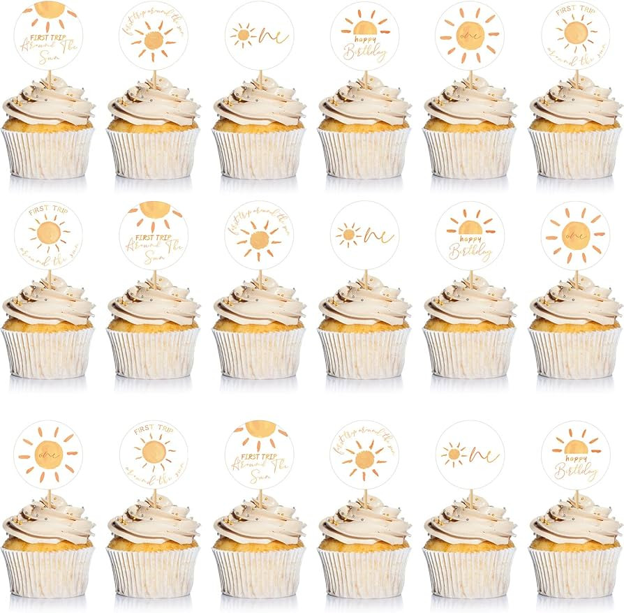Fuutreo 48 Pcs First Trip Around the Sun Cake Topper Sunshine Cupcake Toppers Sun Cupcake Toppers... | Amazon (US)