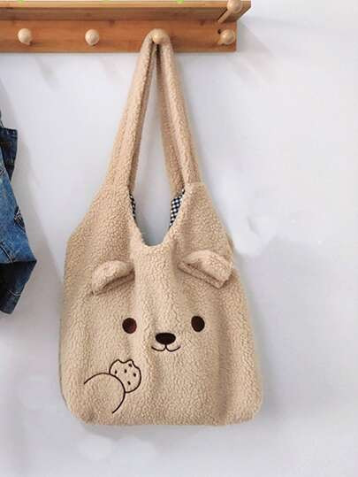 Cartoon Bear Embroidered Flannelette Shoulder Tote Bag | SHEIN