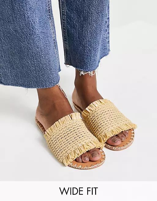 ASOS DESIGN Wide Fit Features woven raffia mules in beige | ASOS (Global)