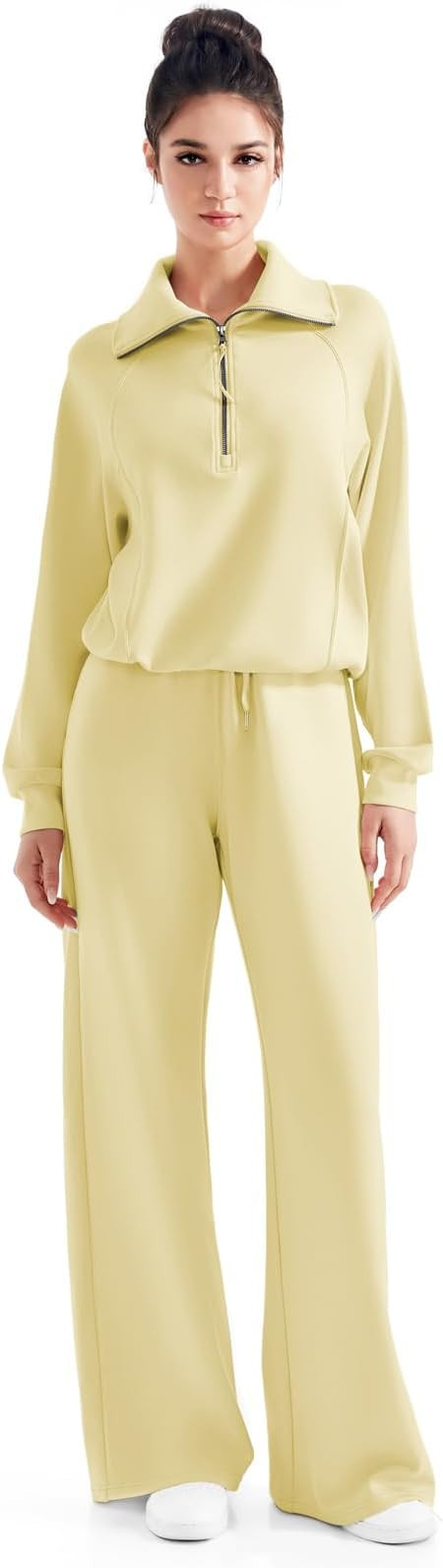 SUUKSESS Women 2 Piece Lounge Matching Set Wide Leg Sweatpant Half Zip Sweatshirt | Amazon (US)