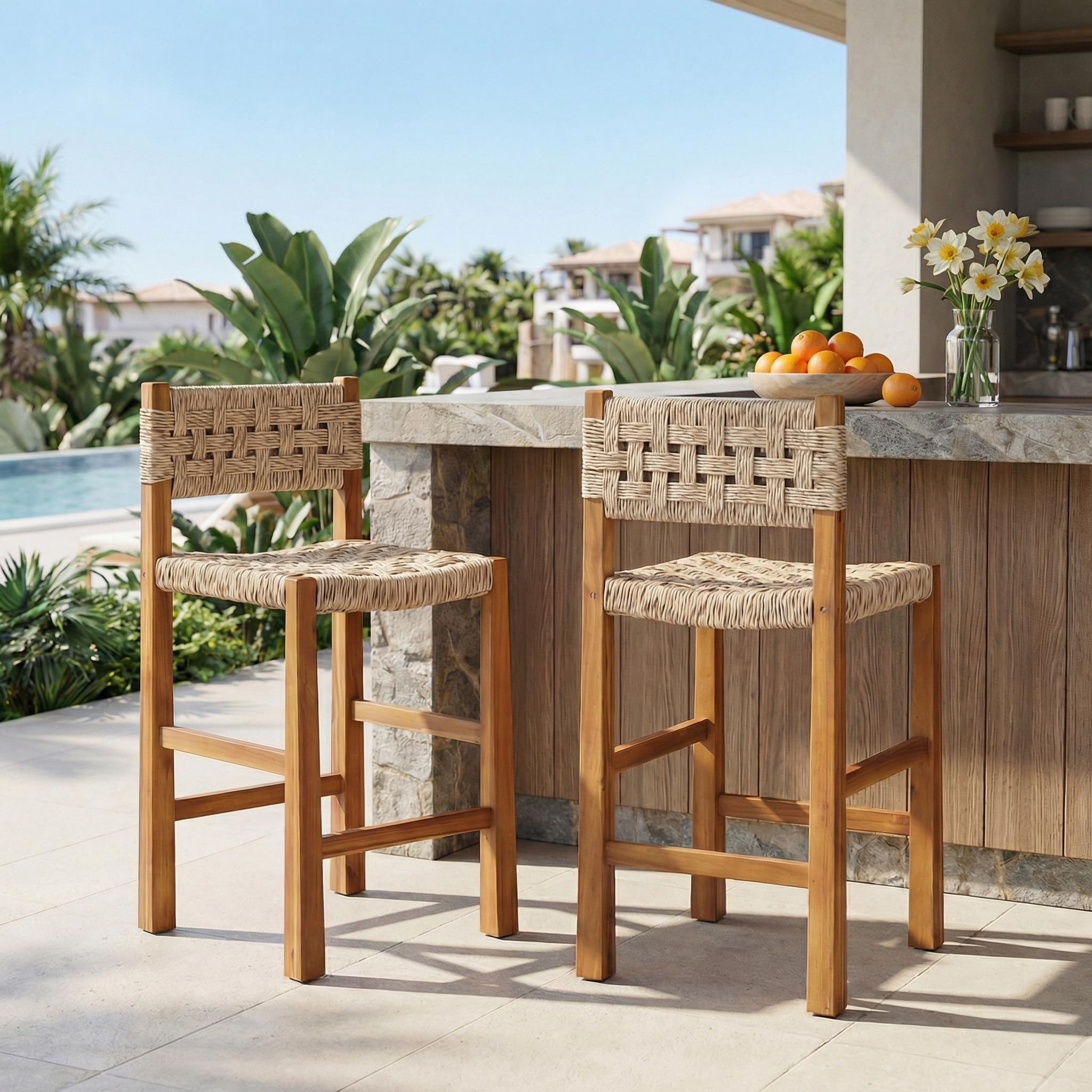 Christopher Knight Home 2-Pack Outdoor Counter Height Bar Stools with Backrest, Acacia Wood Frame... | Amazon (US)