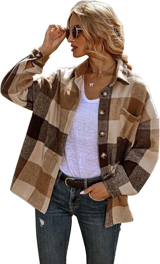 Women's Casual Color Block Plaid Wool Blend Shirt Jacket Coat Long Sleeve Button Down Cardigan To... | Amazon (US)