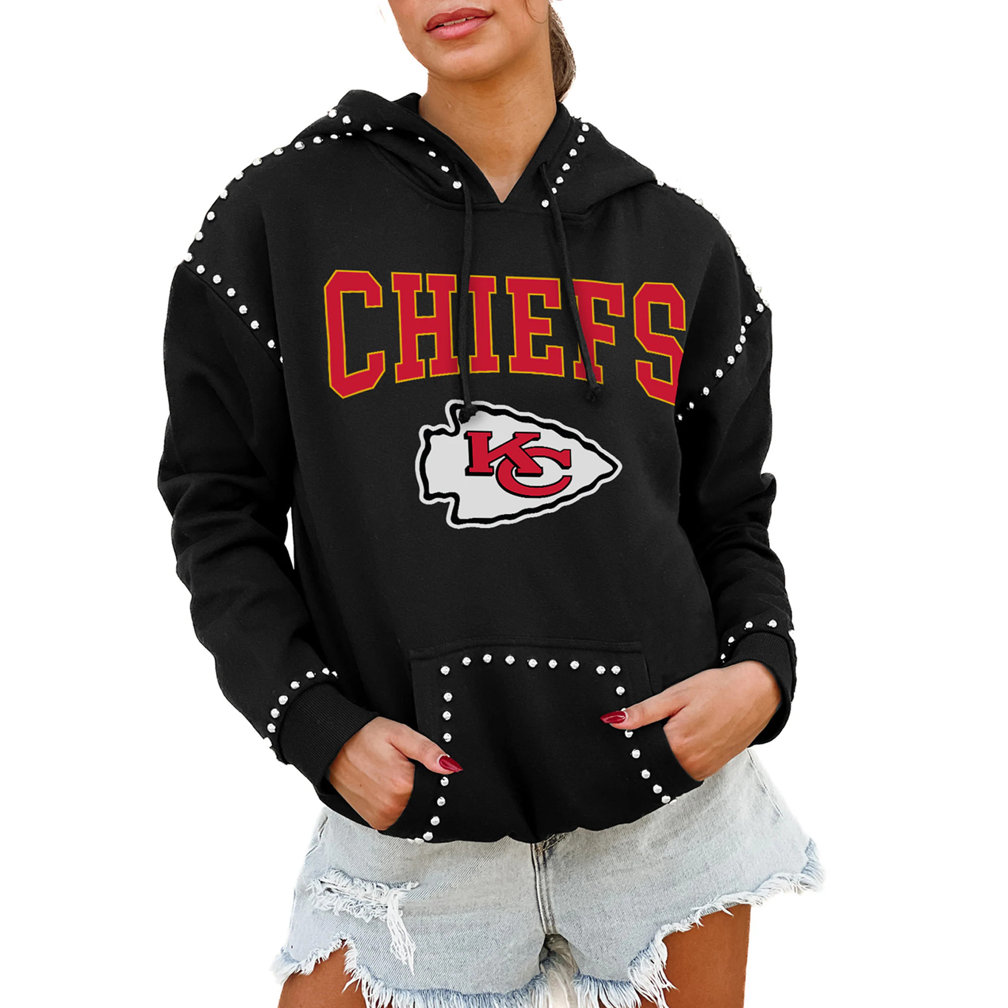 Kansas City Chiefs Gameday Couture Women's Oversized Catch the Vibe Studded Pullover Hoodie - Bla... | Fanatics