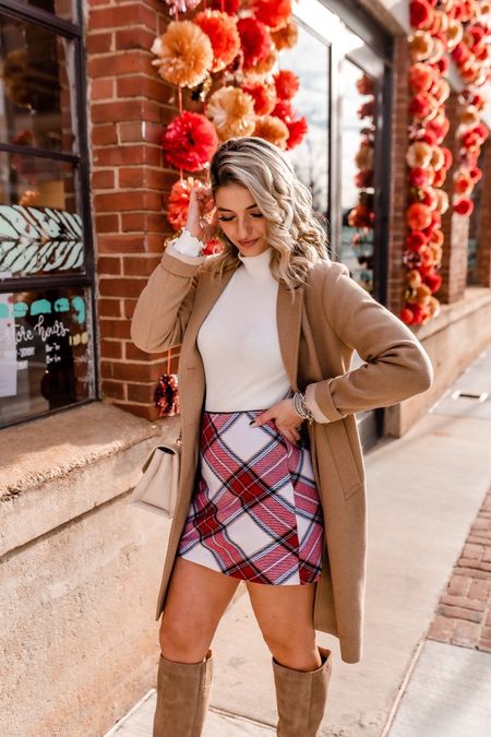 Christmas outfit! Plaid skirt, cream turtleneck, camel dad coat. Wearing a size small in all pieces  

#LTKSeasonal #LTKHoliday #LTKCyberweek