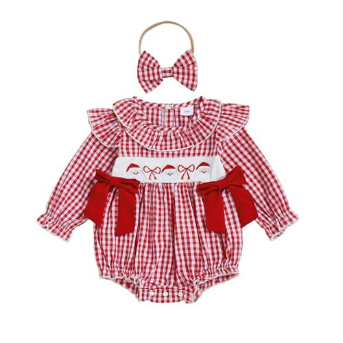 mlpeerw My First Christmas Baby Girl Outfit Newborn Santa Smocked Bubble Romper Christmas Tree Bodysuit Cute Xmas Clothes (Santa Claus And Bow Red, 12-18 Months) | Amazon (US)