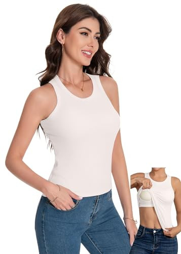LuneNuelle Womens Tank Top Sleeveless - Built-in Bra Crew Neck Racerback Ribbed Slim Fitted Casual Basic Tops Cami Shirts,White-XL,2025 | Amazon (US)