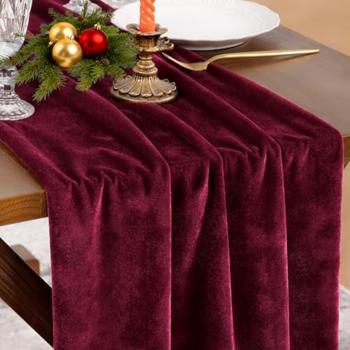 Socomi Burgundy Red Velvet Christmas Table Runner Cloth Decor 20 x 120 Inches 10ft Fabric Luxurious Thanksgiving Wedding Runner for New Year Bridal Shower | Amazon (US)