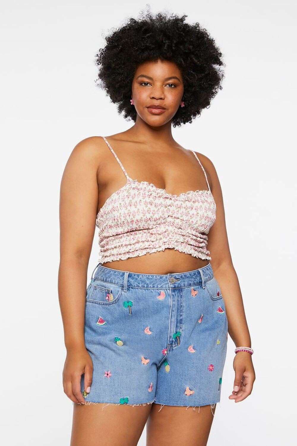 Plus Size Embroidered Fruit Denim Shorts | Forever 21 (US)