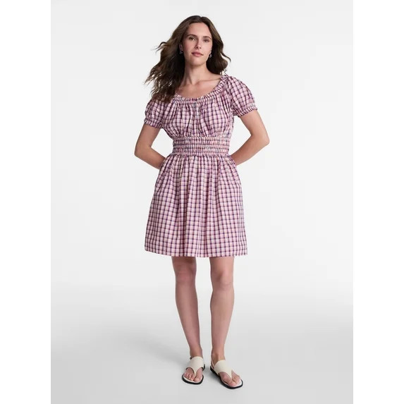 Time and Tru Women's and Women's Plus Cotton Peasant Mini Dress With Puff Sleeves, Sizes XS-4X | Walmart (US)