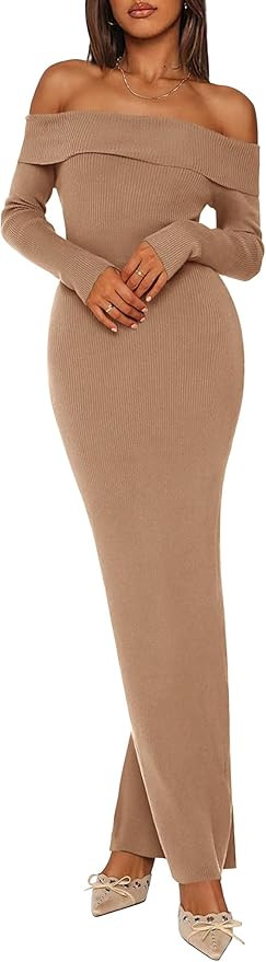 PRETTYGARDEN Women's Winter Sweater Dress Long Sleeve Off Shoulder Slit Maxi Bodycon Cocktail Par... | Amazon (US)
